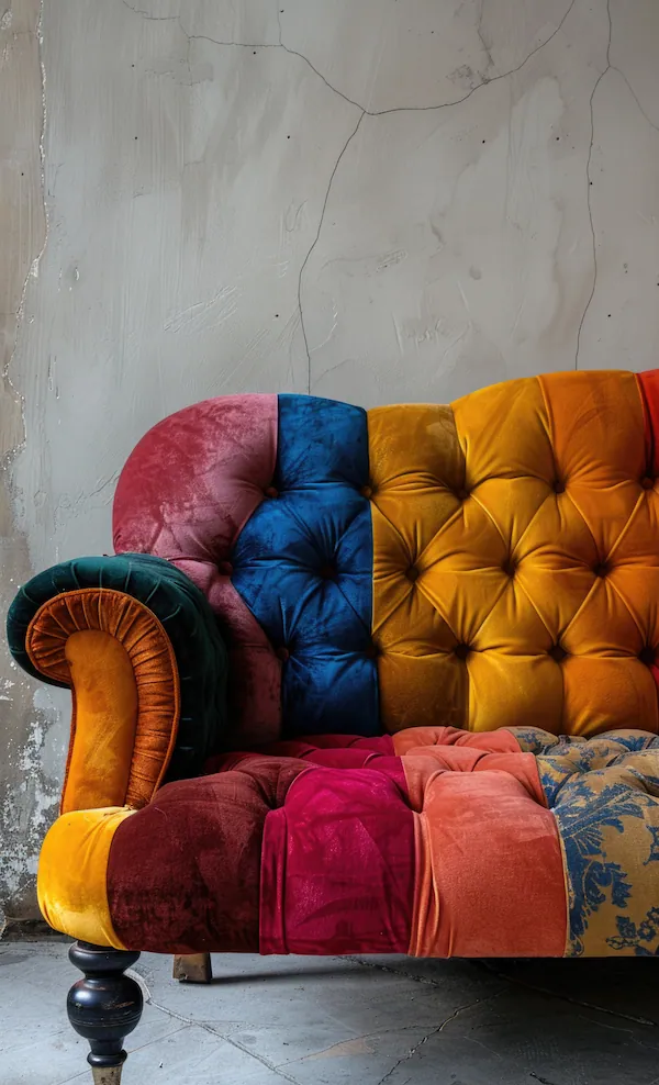 Sofá tapizado y entregado en casa del cliente en Chamberí, Madrid. El tapizado es multicolor y el material es terciopelo